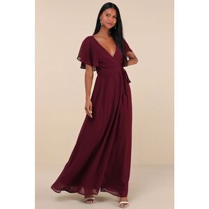 Lulus Convincing Grace Burgundy Flutter Sleeve Wrap Maxi Dress Size XL NWT